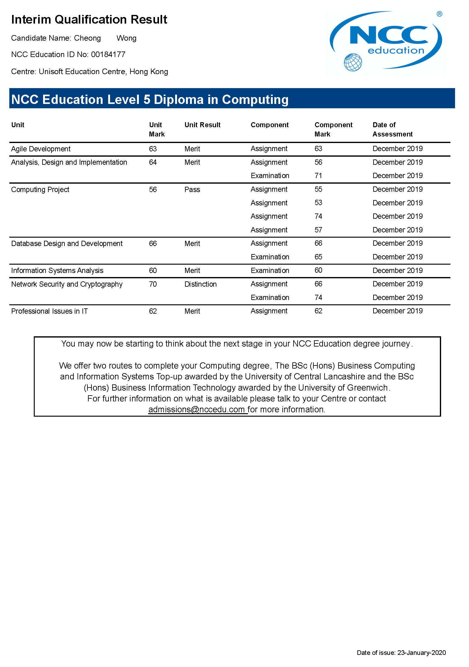 Sample NCC Level 5 Diploma in Computing Score Result